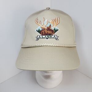Vintage 1990s Iaac Alaska Moose Trucker  Embroidered Hat Beige Snapback Cap